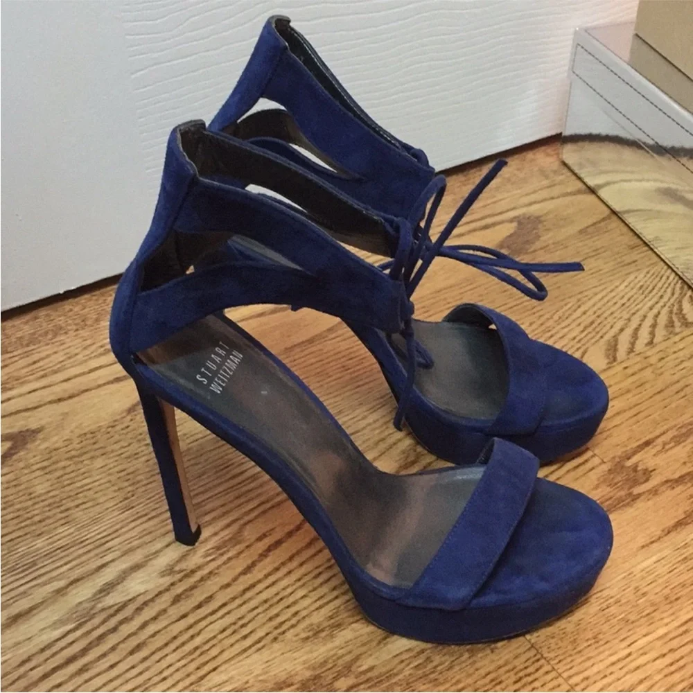Stuart Weitzman Blue Suede Platform Heels 7.5 Made in Spain Lace-Up Stiletto